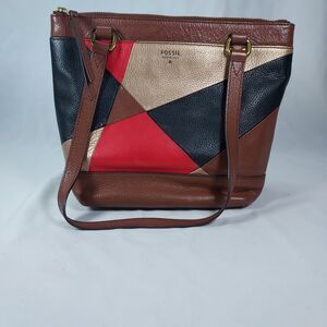 Fossil Issue No 1954 Patchwork Leather Tote Bag Multicolor Brown Shoulder Purse